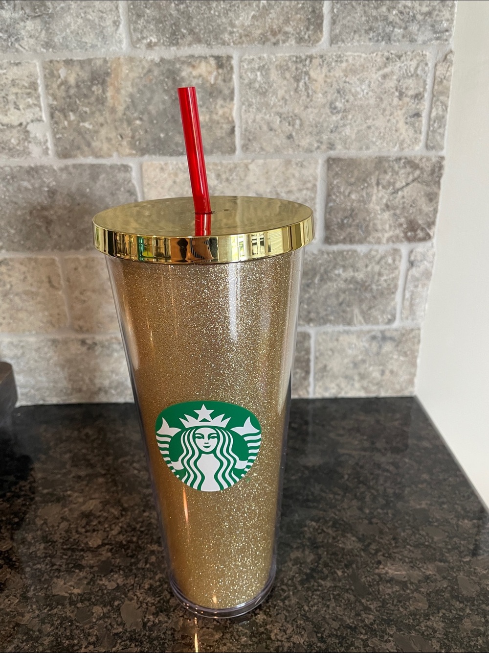 NEW Starbucks Gold Glitter Tumbler with Red Straw and Green Logo